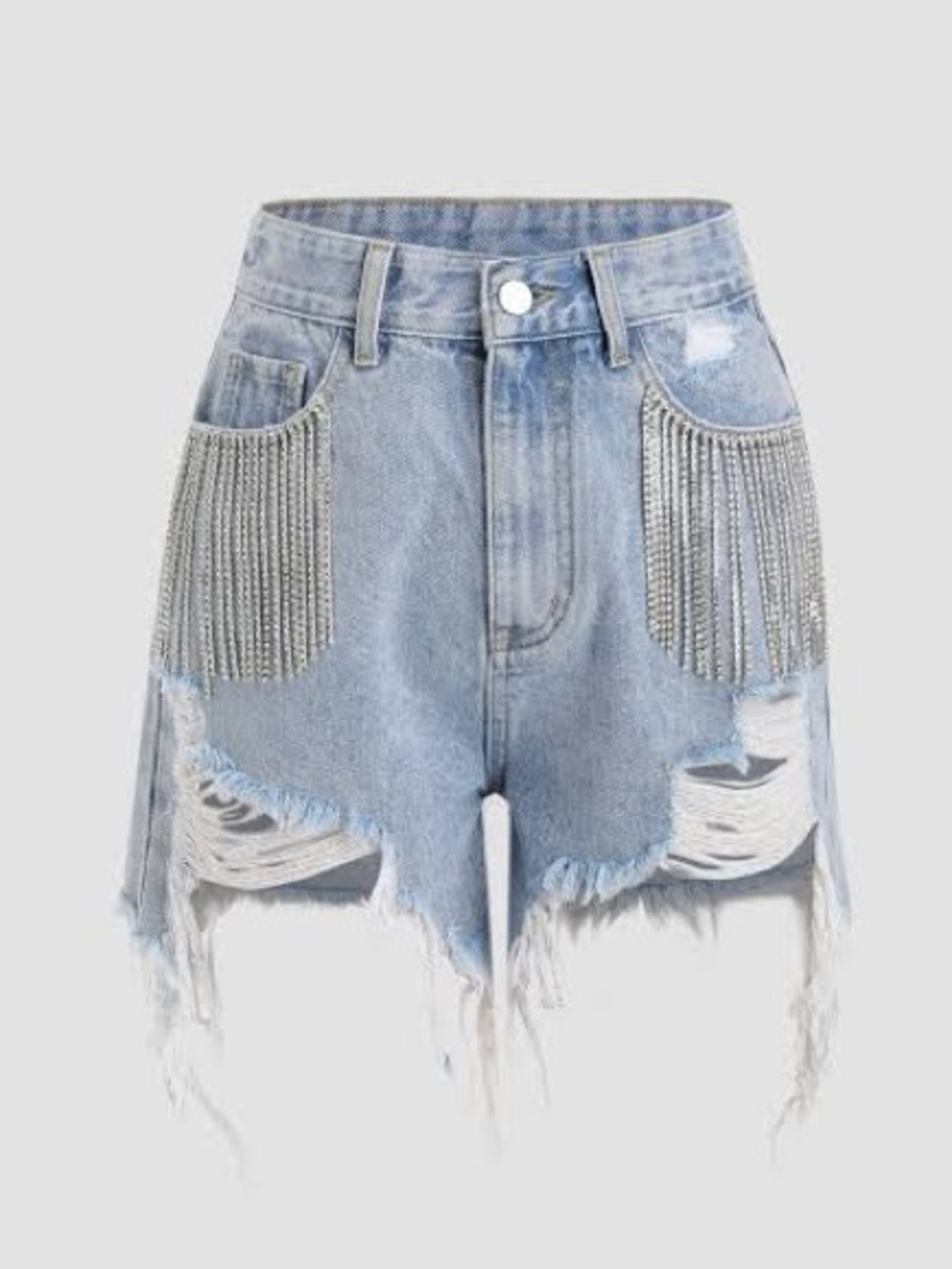 Light Blue Jean Shorts with Crystal Fringe